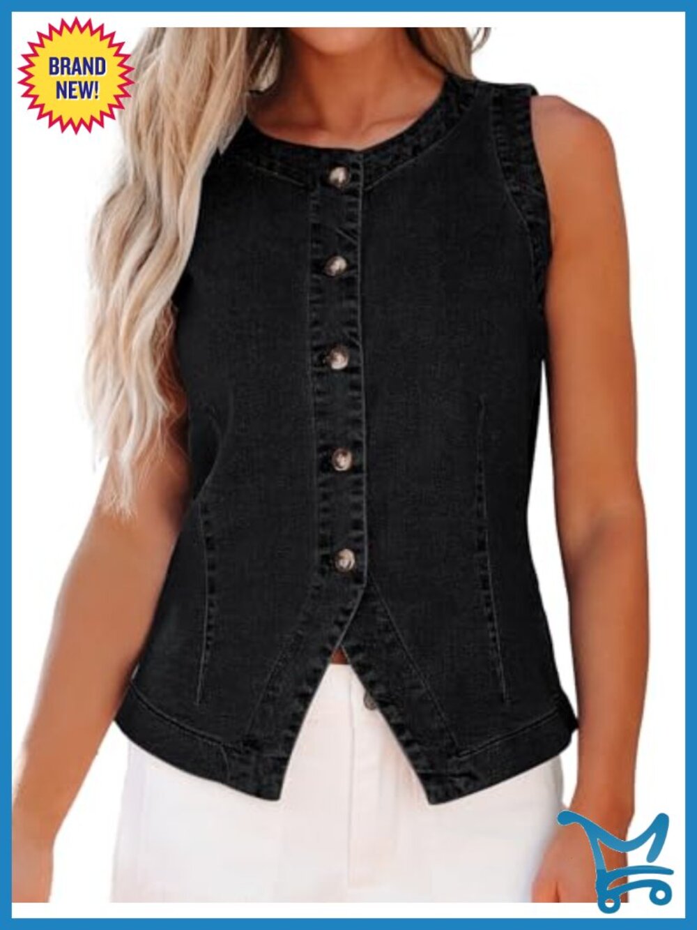 Sleeveless Denim Vest Button Down Crewneck Casual Western Waistcoat